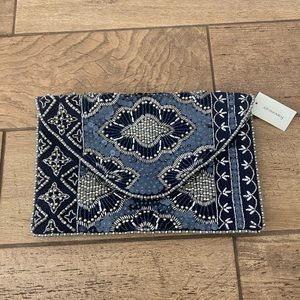 Blue beaded clutch with gold chain strap